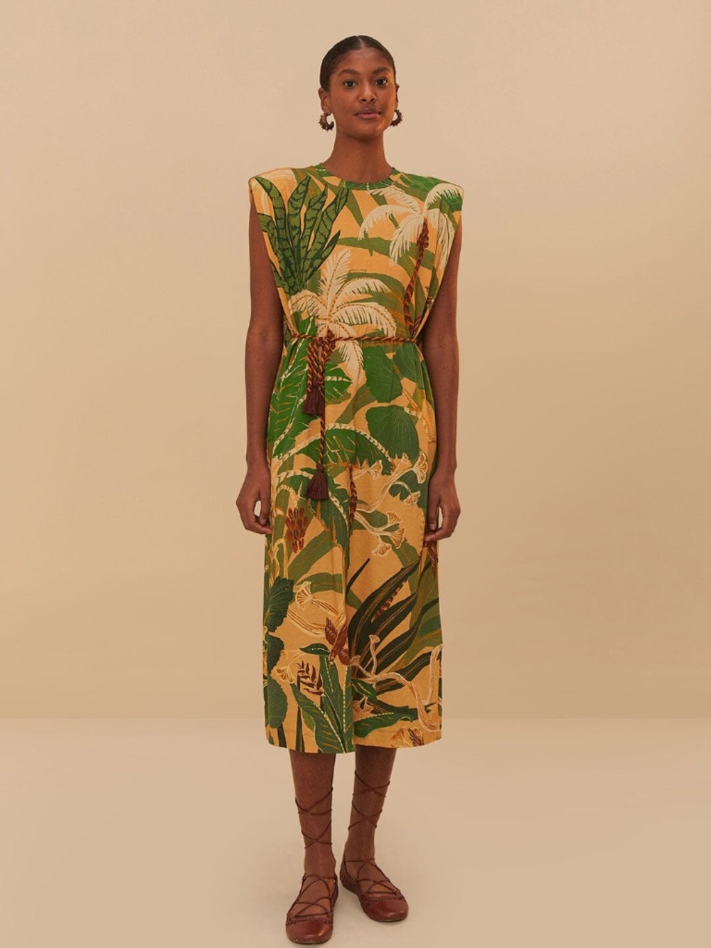 RARE NWT FARM Rio Tropical Isla Padded Shoulders Midi Dress Size XL
